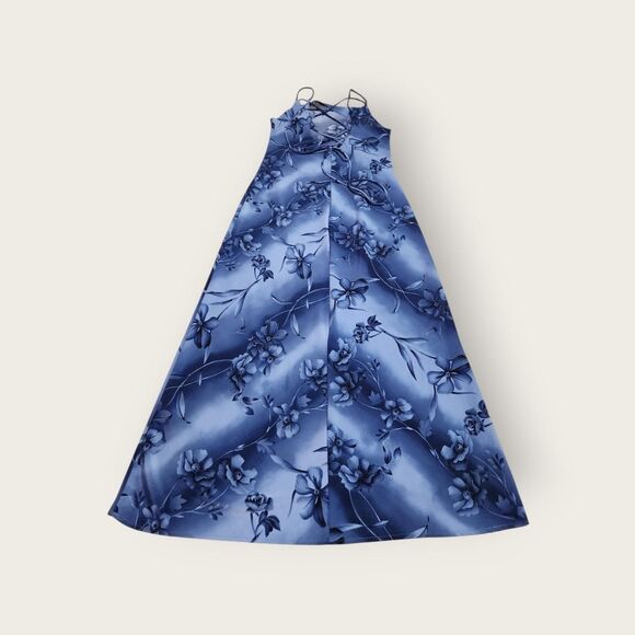 Vintage Y2k DBY blue floral graphic lace up back spaghetti strap maxi dress - Picture 2 of 5